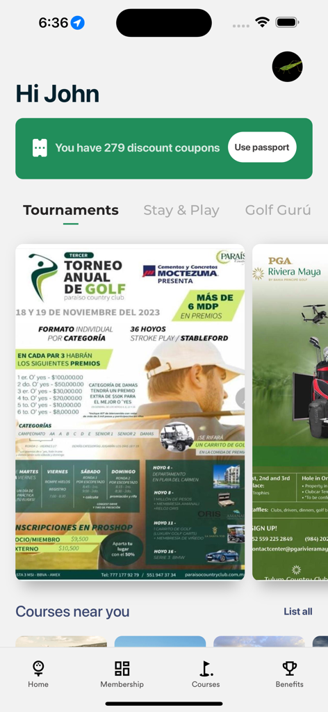 The home screen of the Golf Passport app showing a user profile, discount coupons balance, and a featured golf tournament flyer in Mexico.