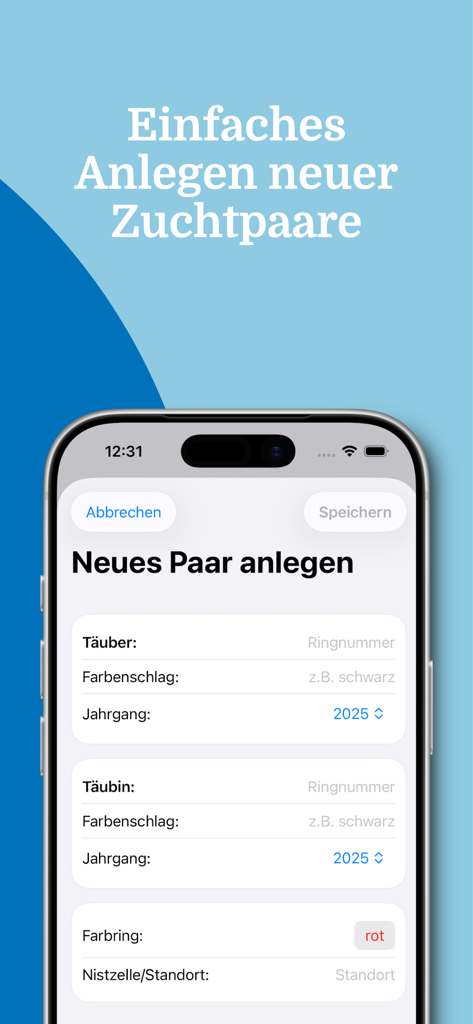 Pigeon Manager - Mobile app interface of Pigeon Manager for creating a new breeding pair with fields for cock and hen ring numbers and color variety