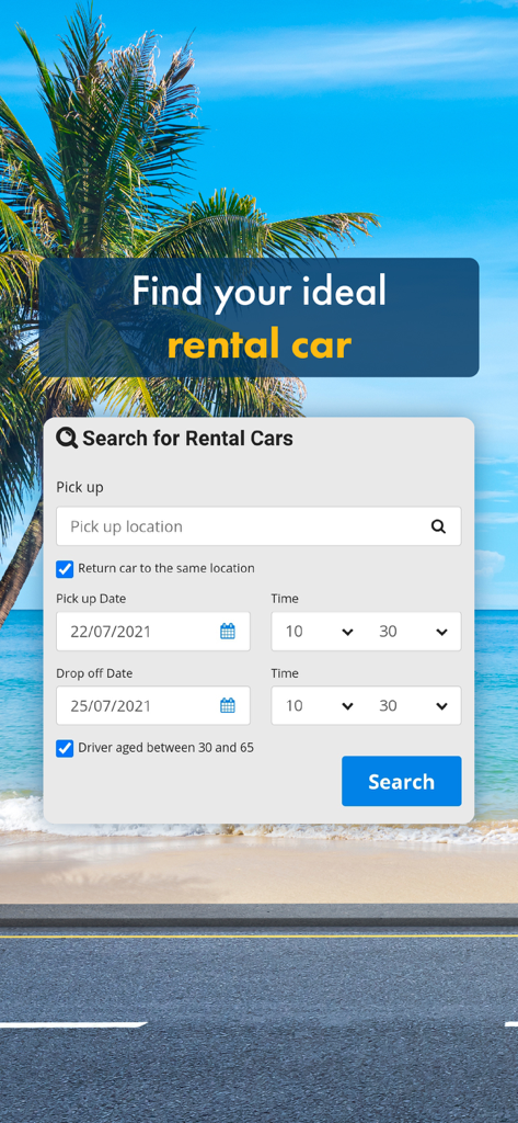 Booking Hotels with eBooking - Search interface for renting a car on the eBooking mobile app with a beach background.