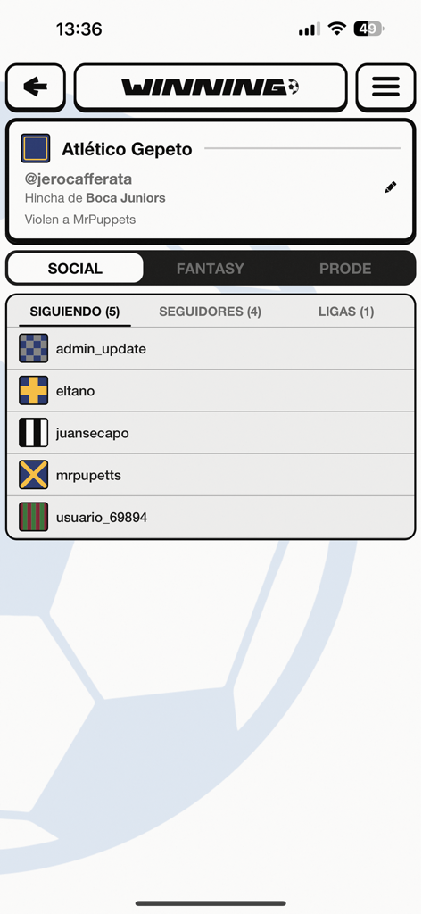 Winning Argentina - User profile in Winning Argentina app showing the social tab with followers and followed users.