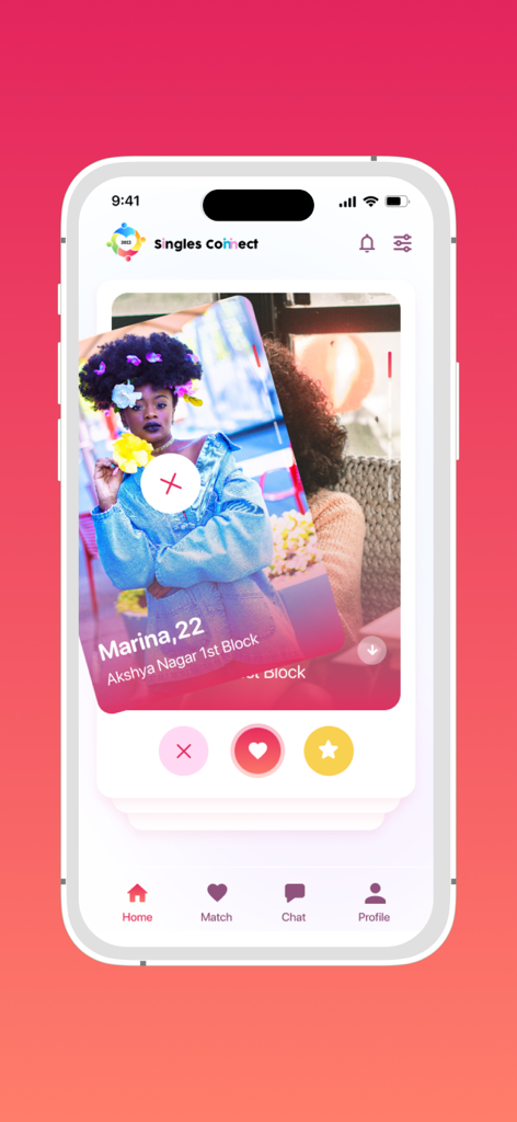 Singles Connect - Singles Connect dating app interface showing a user profile card with swipe and like buttons