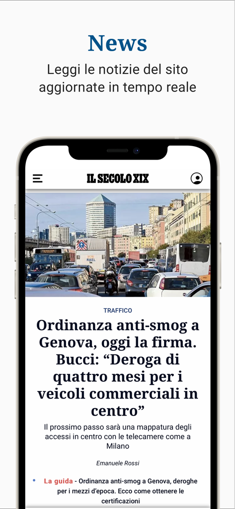 Il Secolo XIX - Pantalla de smartphone mostrando el feed de noticias de la aplicación Il Secolo XIX con un artículo local sobre el tráfico en Génova