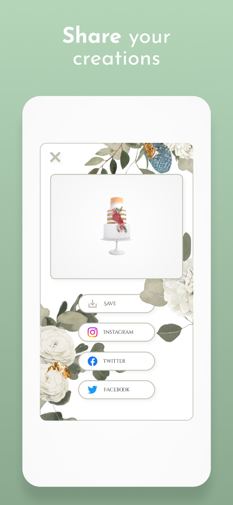 Screenshot of the Bakely app share screen showing a 3D cake design and social media share buttons