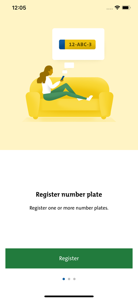 Parkeren Den Haag - Onboarding screen of the Parkeren Den Haag app showing how to register a vehicle license plate.