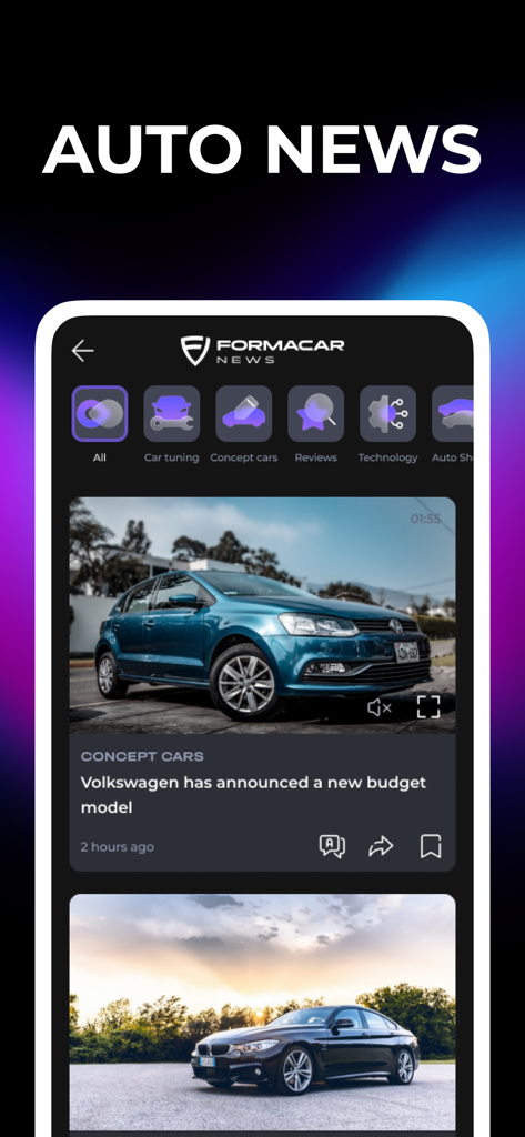 The auto news section of the Formacar app featuring latest automotive updates and concept car reviews.
