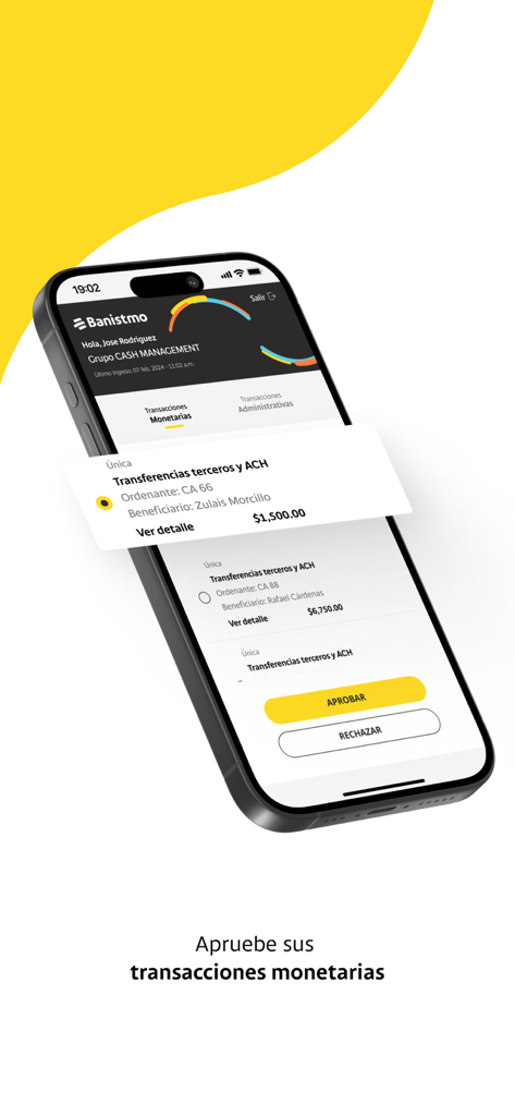 Banistmo APP Empresas - Interfaz de Banistmo APP Empresas que muestra una pantalla móvil para aprobar transacciones monetarias