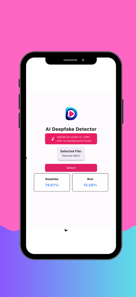 Interface of the AI Deepfake Detector app showing a high probability score for a detected deepfake video file.