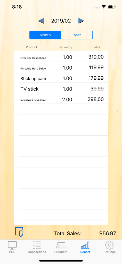 Monthly sales report screen in POS S Pro showing product names, quantities sold, and total sales figures