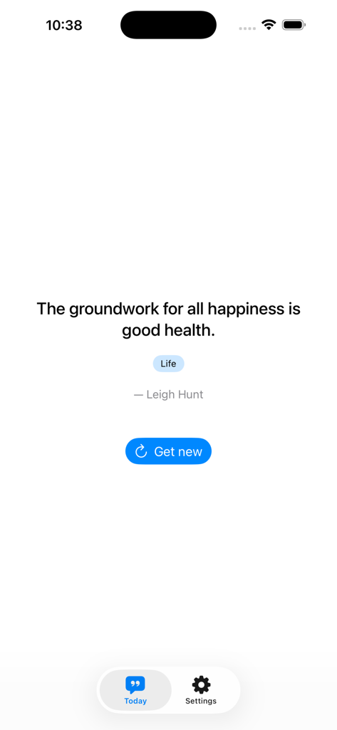 Daily motivation app screen showing a quote about health and happiness by Leigh Hunt