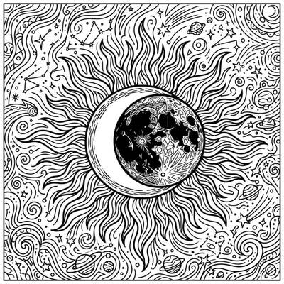 Witness the magnificent beauty of a solar eclipse captured in this unique coloring page. Dive into a cosmic journey as you bring this celestial event to life with your favorite colors.