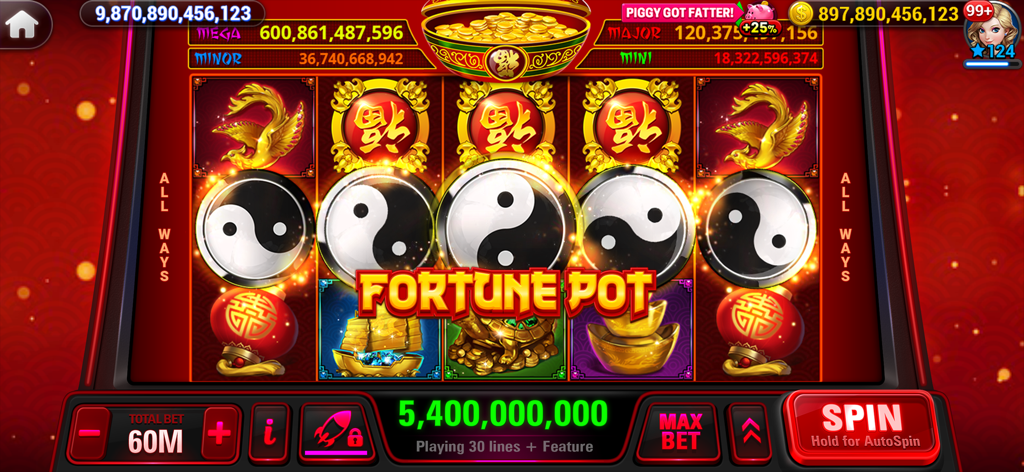 Fortune Pot Spielautomaten-Anzeige mit Yin-Yang-Symbolen und einem großen Gewinn.