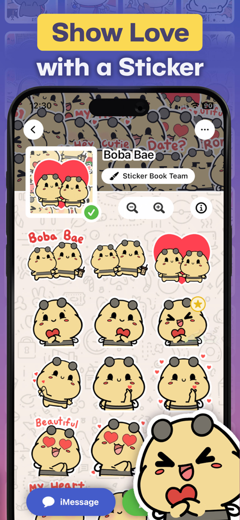 Aperçu du pack de stickers Boba Bae dans l'application Sticker Book pour iMessage, présentant des personnages mignons avec des yeux en cœur et des thèmes romantiques.