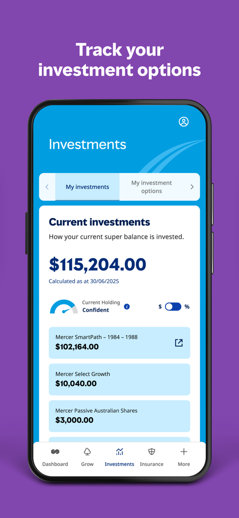 Mercer Super (Member App) - Mobile interface of Mercer Super app showing investment balance and portfolio holdings