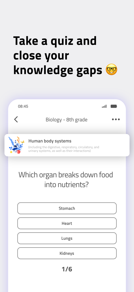 Scoolio Pro Lernhilfe-Bildschirm mit einer Biologie-Quizfrage der 8. Klasse über menschliche Körpersysteme