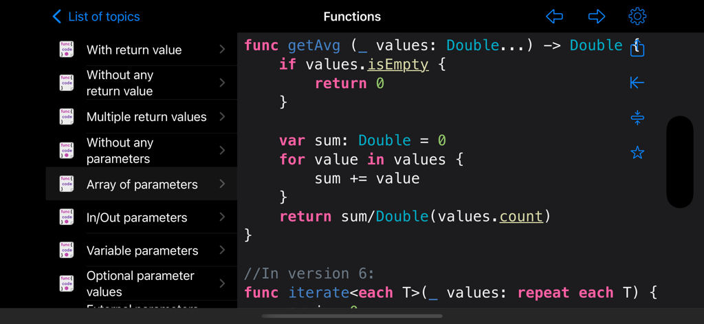 Swift code snippet showing functions with an array of parameters in the Recipes for Swift Pro app