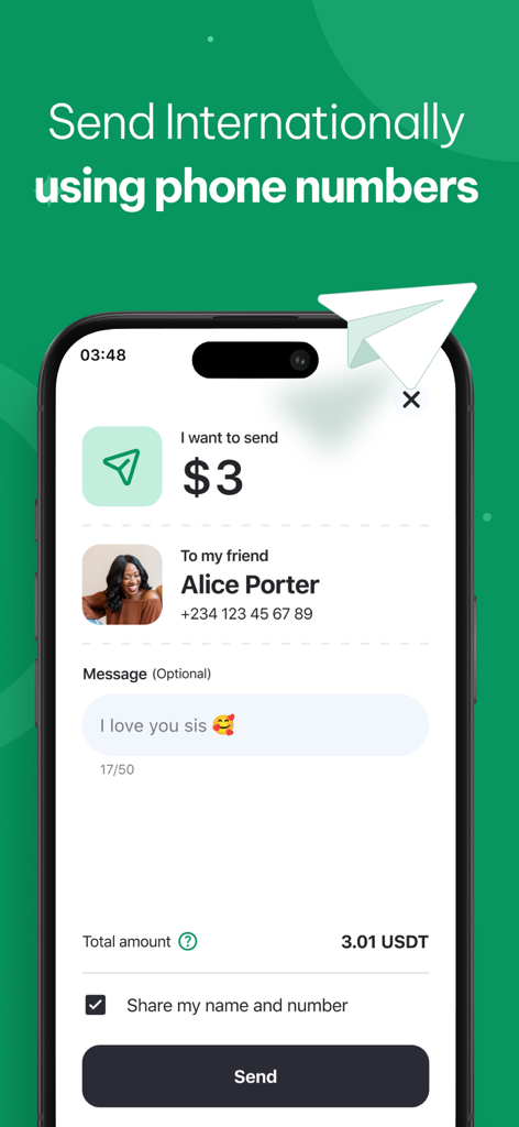MiniPay: Easy Global Wallet - Interfaz móvil de la aplicación MiniPay que muestra una transferencia internacional de tres dólares enviada a un contacto usando un número de teléfono