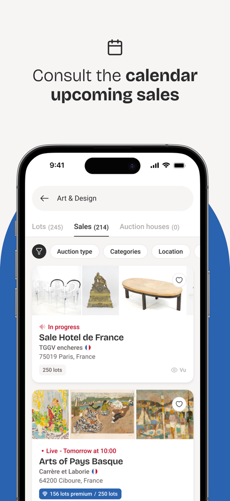 Mobile app screen showing a list of upcoming art and design auction sales on Interencheres