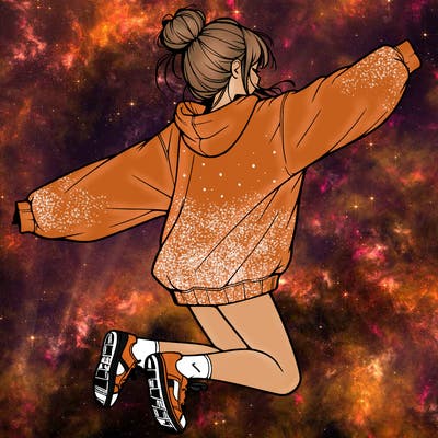 realistic girl jumping with a bun and oversized sweatshirt
