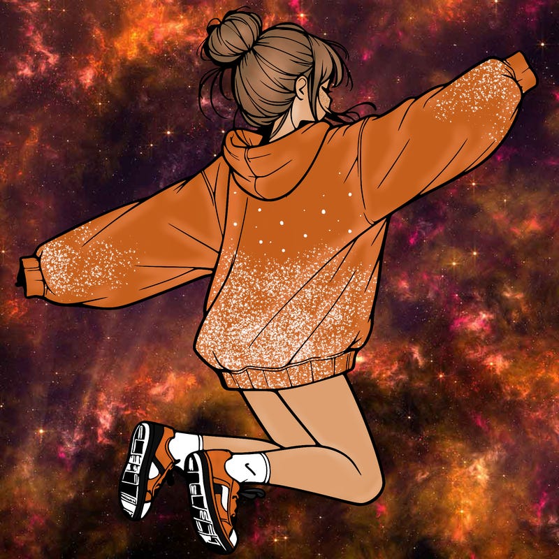 realistic girl jumping with a bun and oversized sweatshirt