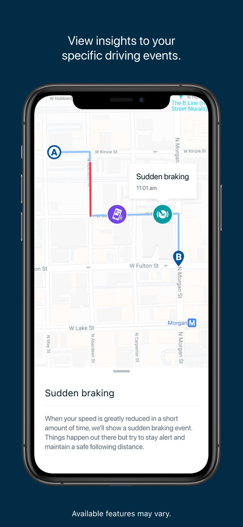 Écran de l'application DynamicDrive montrant une carte avec un événement de freinage brusque