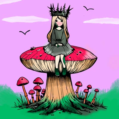 realistic girl sitting on a huge tree stump size toadstool with thorn crown