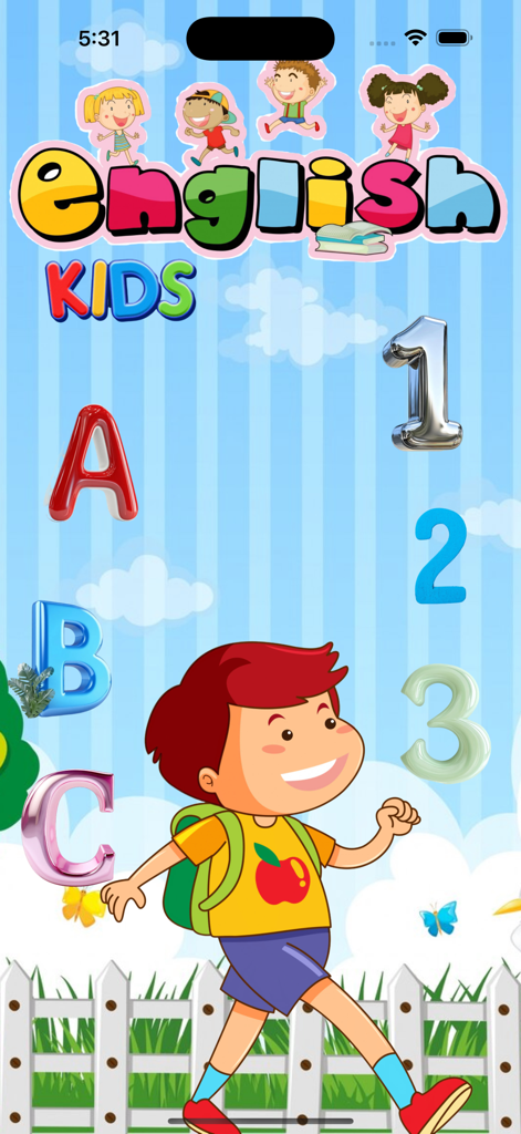 Startbildschirm der Englischen Lern-App für Kinder mit bunten Charakteren, Buchstaben und Zahlen