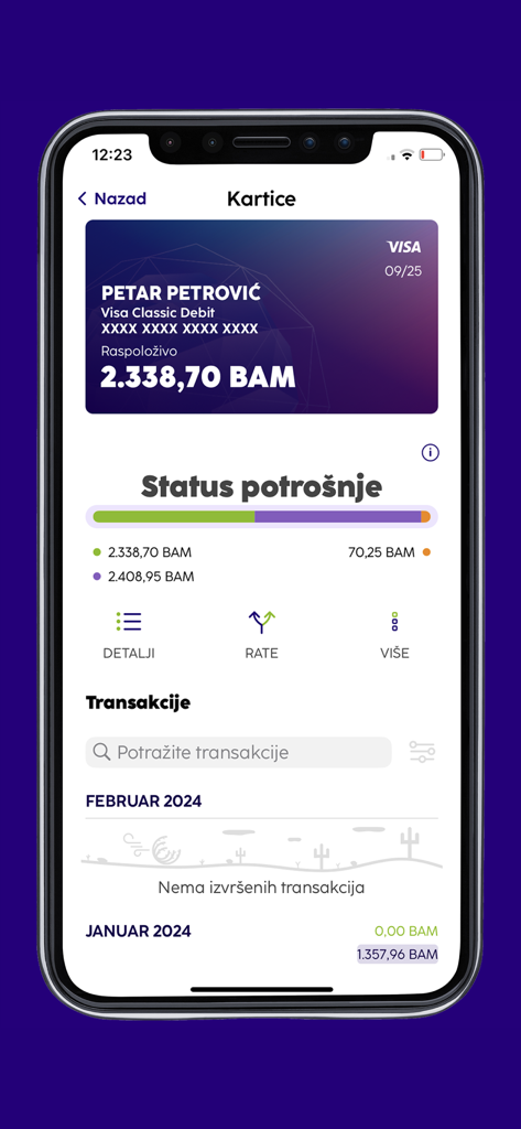 NLB mKlik mobile banking app showing debit card details, current balance in BAM, and spending status