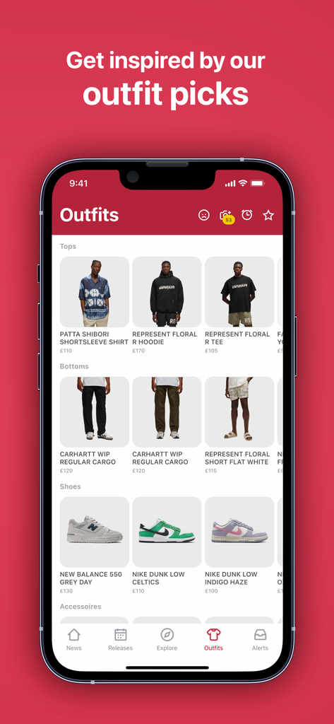 HEAT MVMNT - The Sneaker App - スニーカーとストリートウェアのコーディネートのピックを表示するHeat Mvmntアプリの画面。