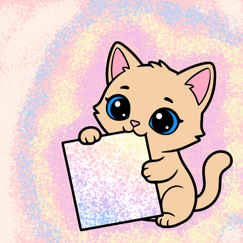 a small cat with a blank sheet of paper in its hand. the cat is sooooooo cute!