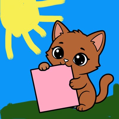a small cat with a blank sheet of paper in its hand. the cat is sooooooo cute!