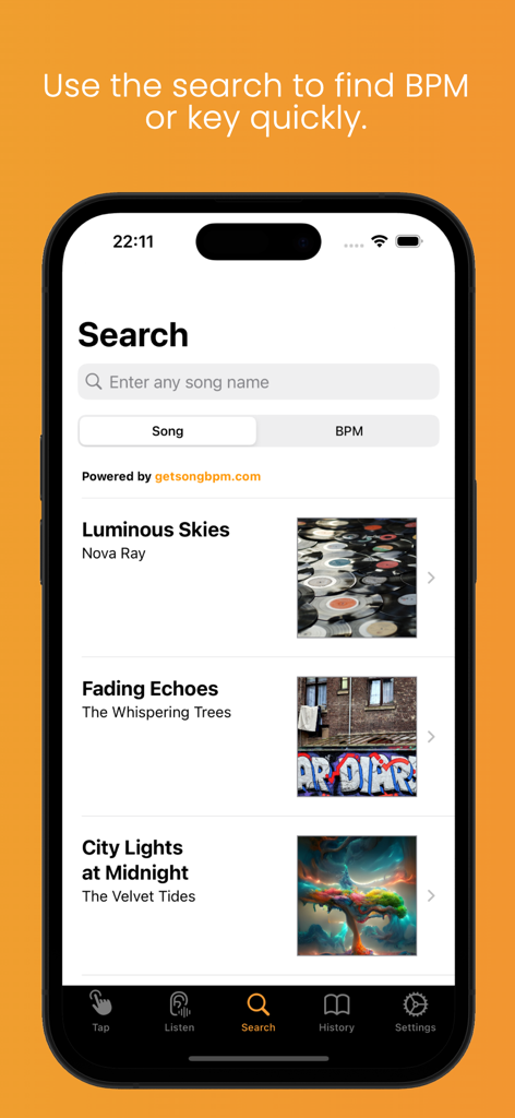 Search screen of the BPM Counter and Detector app showing a song search bar and results list with album art.