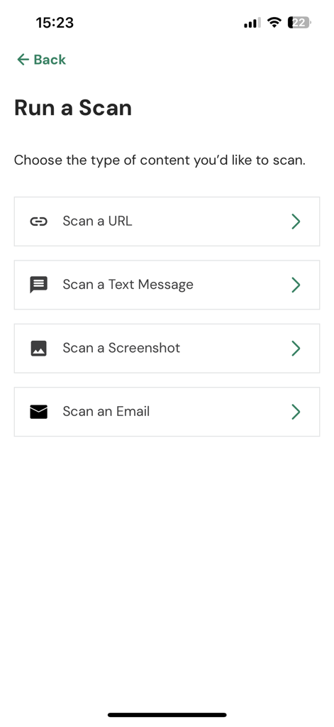 TruthFinder app interface showing options to scan a URL text message screenshot or email