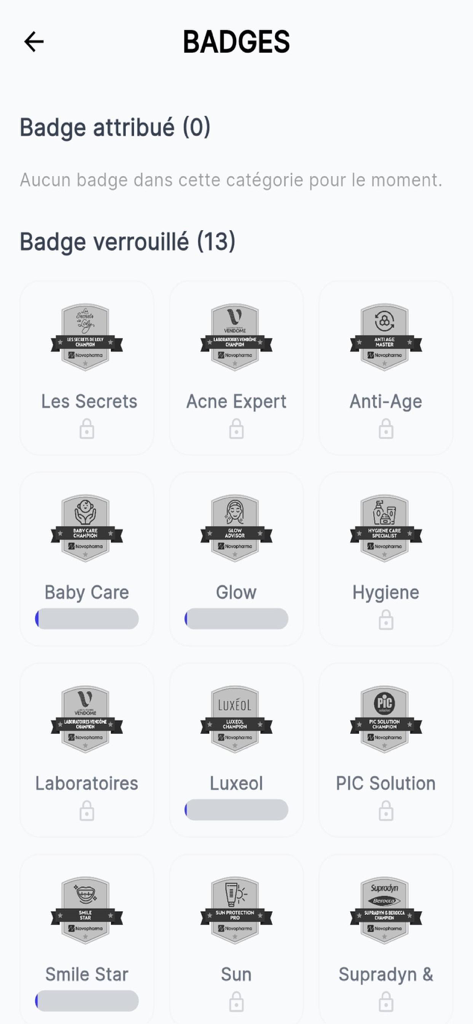 Novopharma MyChallenge - Dashboard showing locked and unlocked achievement badges for pharmacy technicians in the Novopharma MyChallenge app.