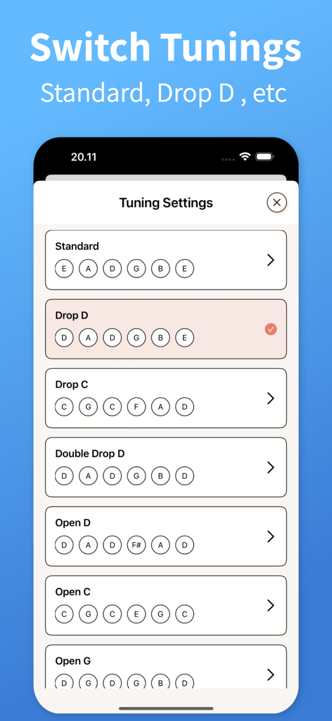 Electric Guitar Tuner ™ - Interface showing guitar tuning options including Standard Drop D and Drop C in the TuneGuide app