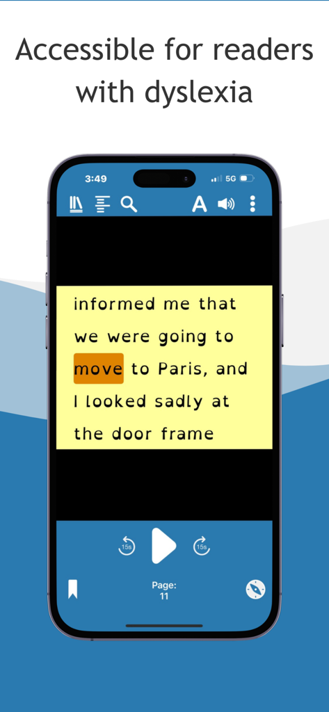 Smartphone screen showing Dolphin EasyReader app interface with text-to-speech highlighting and high-contrast settings for readers with dyslexia.
