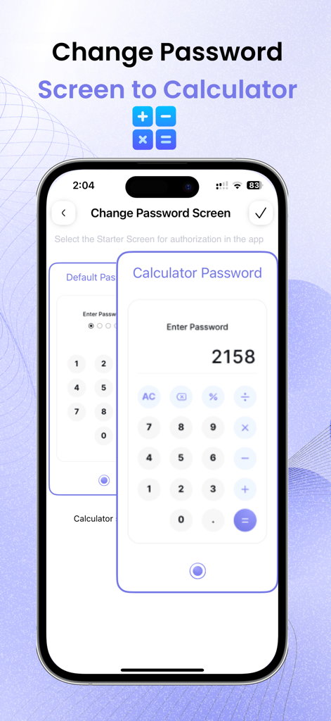 Captura de pantalla de la aplicación vCalc mostrando la función para cambiar la pantalla de entrada de contraseña a una calculadora funcional para una privacidad discreta.