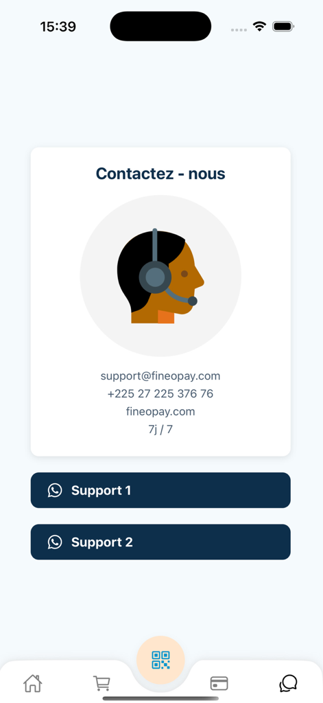 Fineo Pay - Fineo Pay contact us screen showing customer support email phone number and WhatsApp links