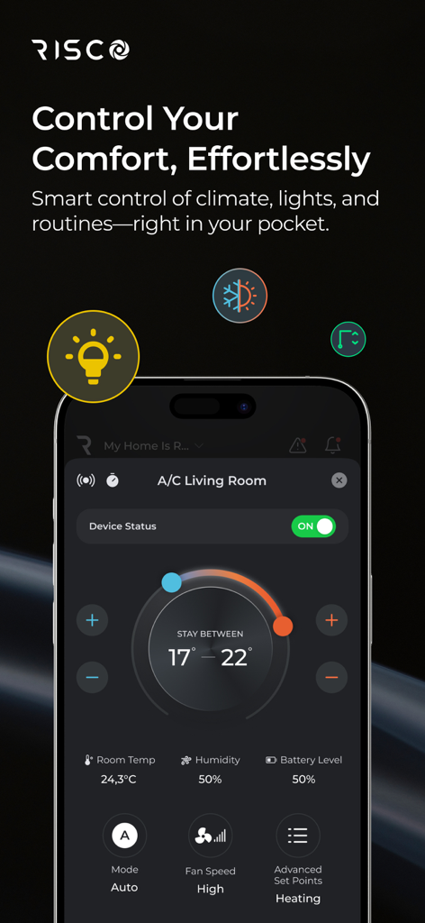 Interfaz de la app móvil iRISCO mostrando control de clima del hogar inteligente y ajustes de aire acondicionado