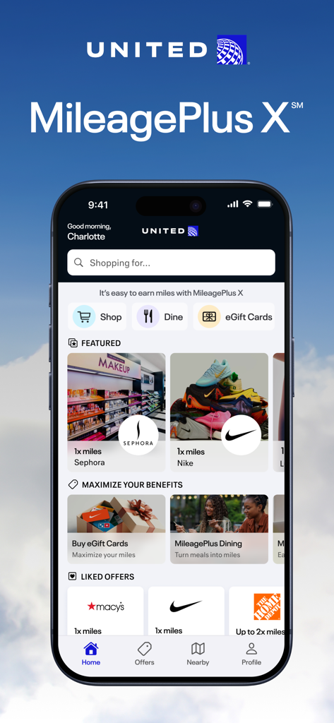 MileagePlus X - United MileagePlus X app home screen with shopping and dining rewards