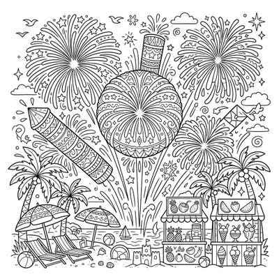 Ignite your creativity with this spectacular aerial shells coloring page, perfectly capturing the joy of a summer evening. Dive into a detailed beach scene filled with dazzling fireworks, refreshing treats, and tropical vibes, ready for your artistic touch.