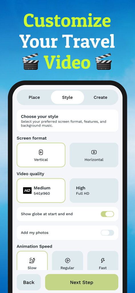 Travel Animator - Travel Video - The style customization screen of Travel Animator app showing options for screen format video quality and animation speed