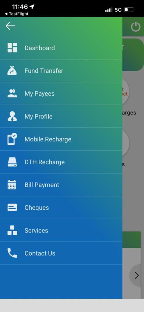 HPGB mBanking - HPGB mBanking app sidebar menu showing various banking services like fund transfer and bill payment