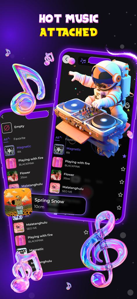 This or That: Funny Filter - Tela de seleção de música no aplicativo This or That apresentando um DJ astronauta e uma lista de músicas populares.