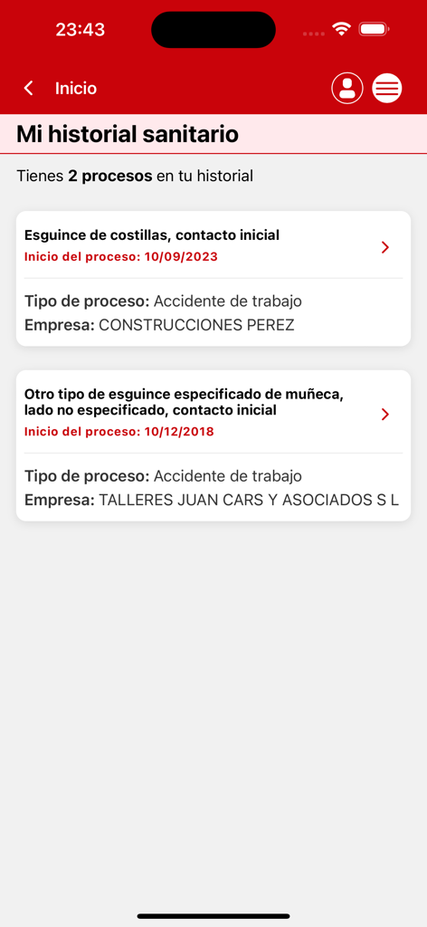 L'application mobile FREMAP Contigo affiche les antécédents médicaux liés aux accidents du travail.