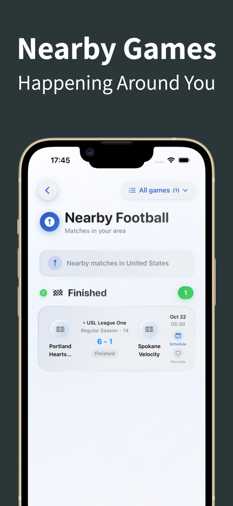 The Kuki - Football Live Score - The Kuki app interface showing nearby football matches and scores in the United States