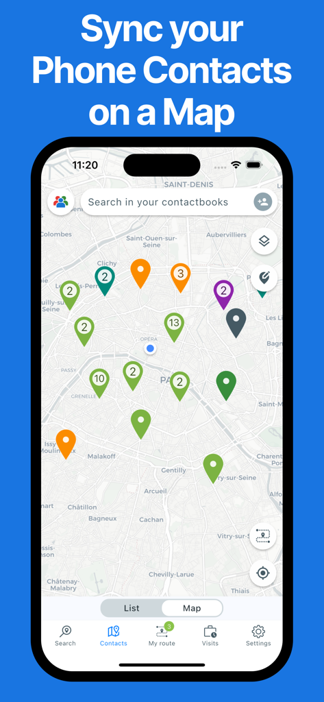 Route Optimizer - Easy Way - Mobile app interface showing phone contacts synced and displayed as colored pins on a city map