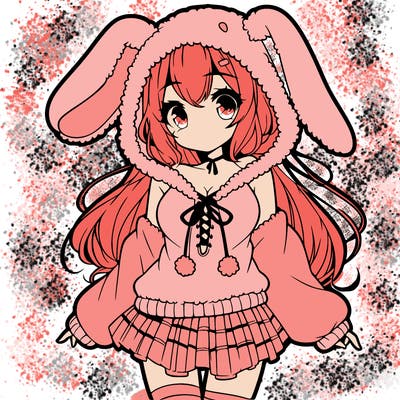 pretty anime girl wearing a fluffy hoodie with bunny ears on the hood and a skirt