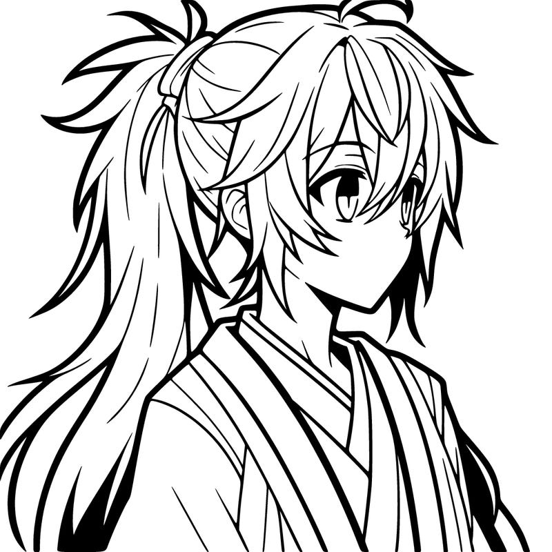 anime boy with long hair in ponytail