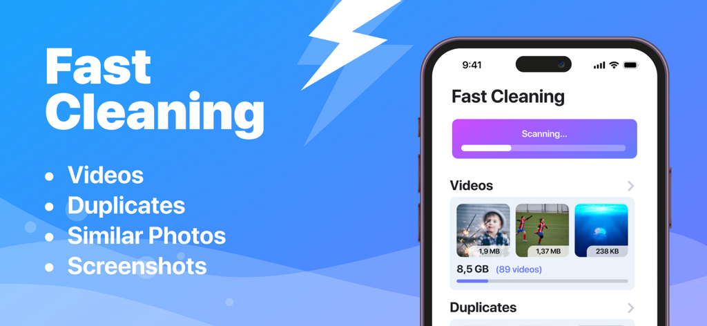 iPhone screen showing iSwipe app scanning for videos and duplicates to free up storage