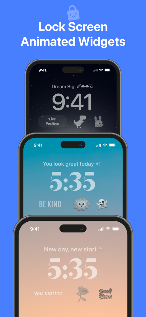 Lively Widget - 5000+ Designs - Três iPhones exibindo vários widgets animados de tela de bloqueio, incluindo pixel art e citações motivacionais